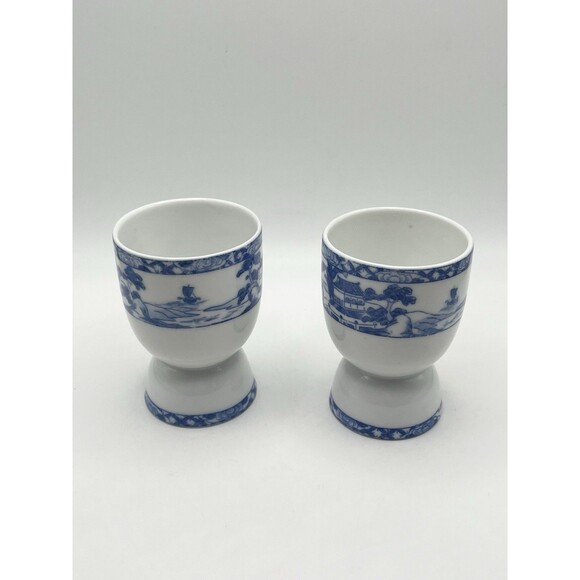 Vintage Royal Satsuma Nippon Blue White Egg Cups Japan Porcelain Set of 2 Used - Picture 4 of 6